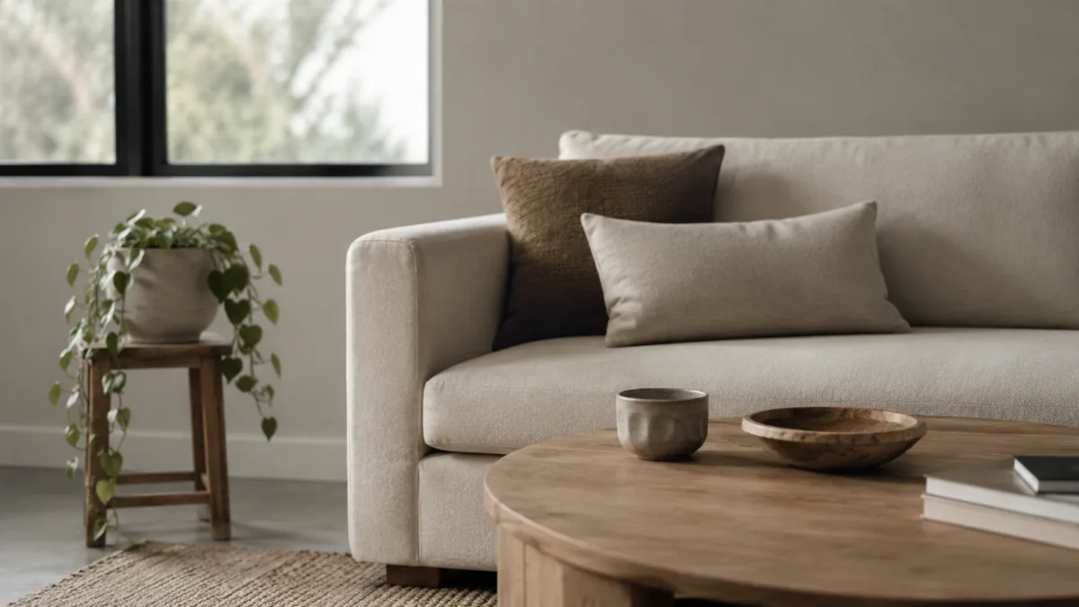 Calm, uncluttered living space with simple low furniture