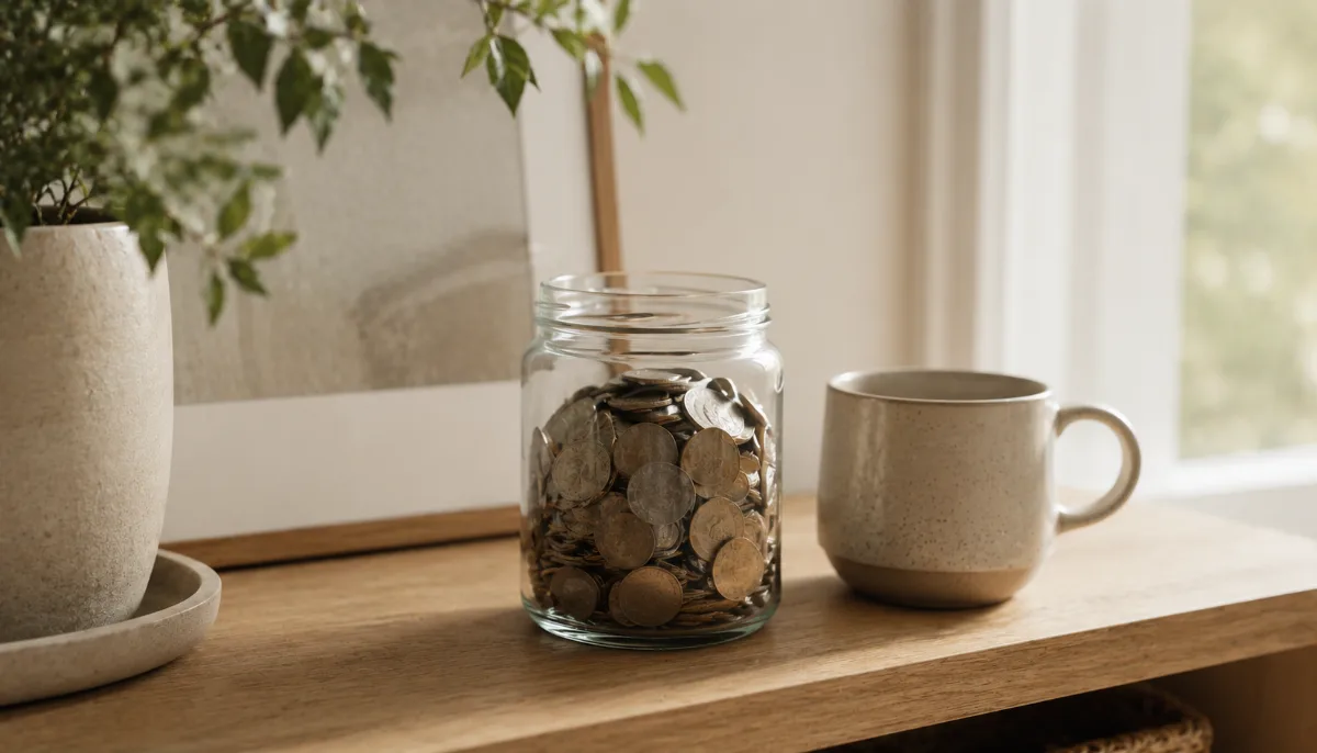 Glass jar of saved coins on a wooden shelf