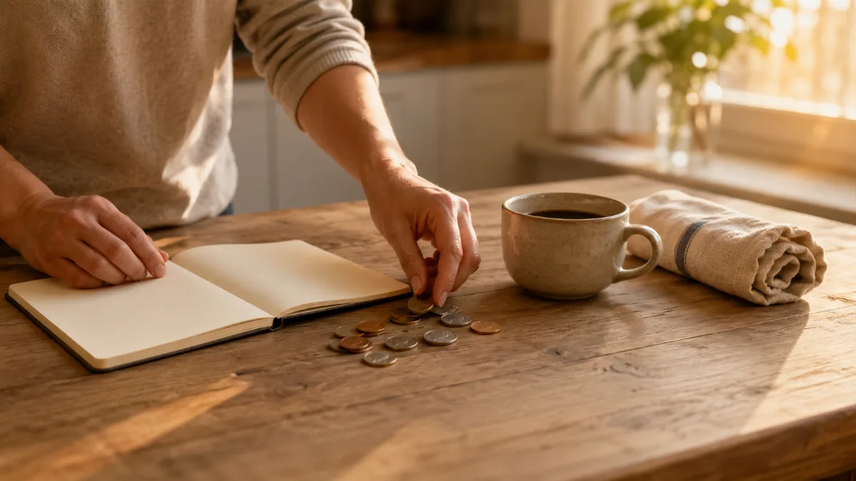 Kitchen table with a plain notebook, coins and a coffee cup