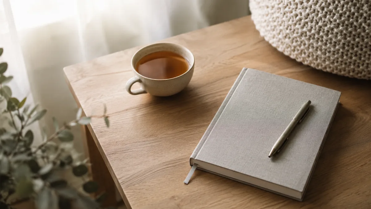 Tidy desk with a notebook and a cup of tea