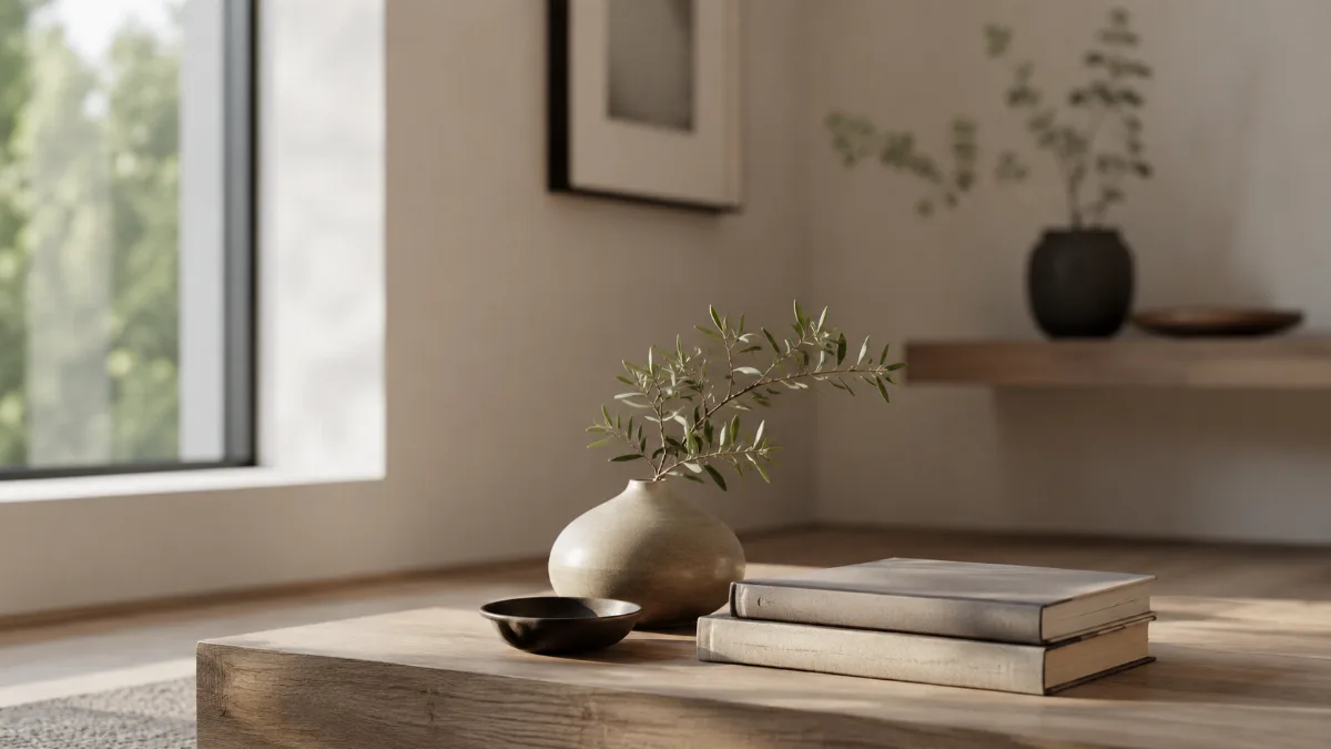 Calm minimalist interior with natural light and a few simple objects