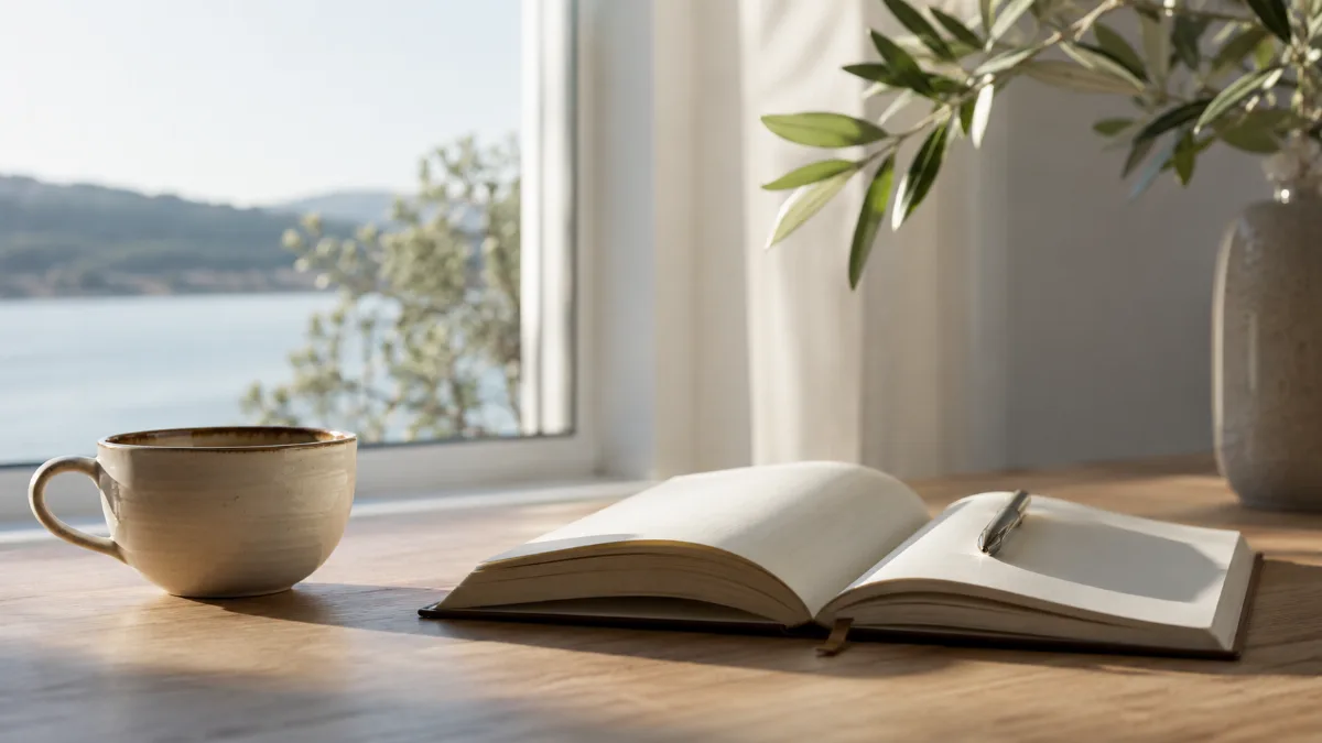 Bright morning scene with coffee and a notebook by a window
