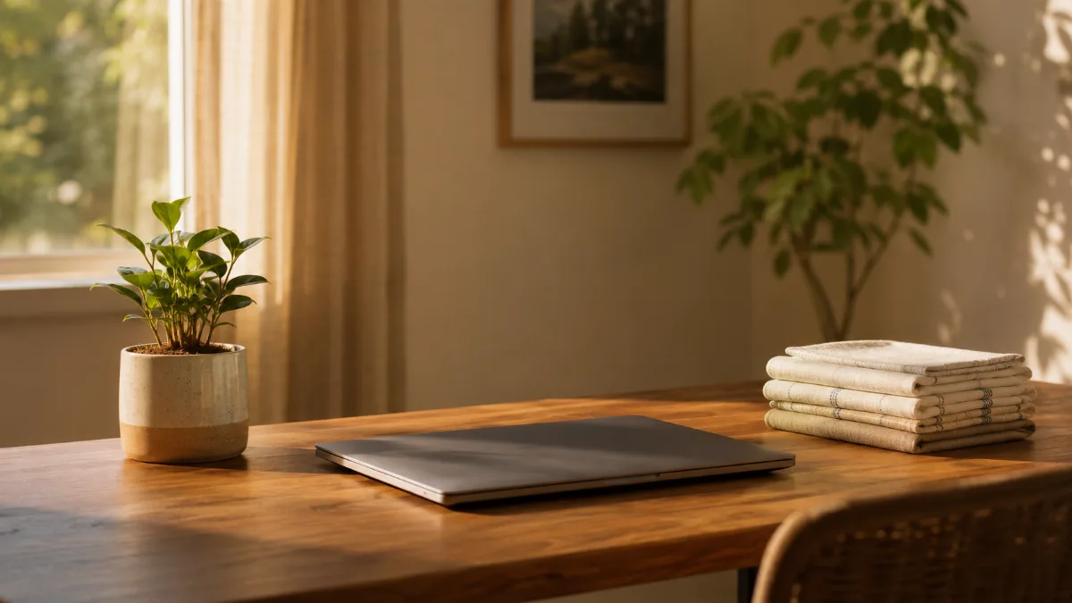 Tidy home-office corner with a laptop closed and a small plant