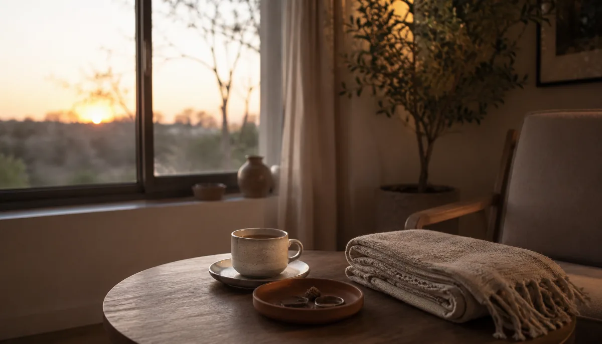 Calm evening corner with tea and a folded blanket