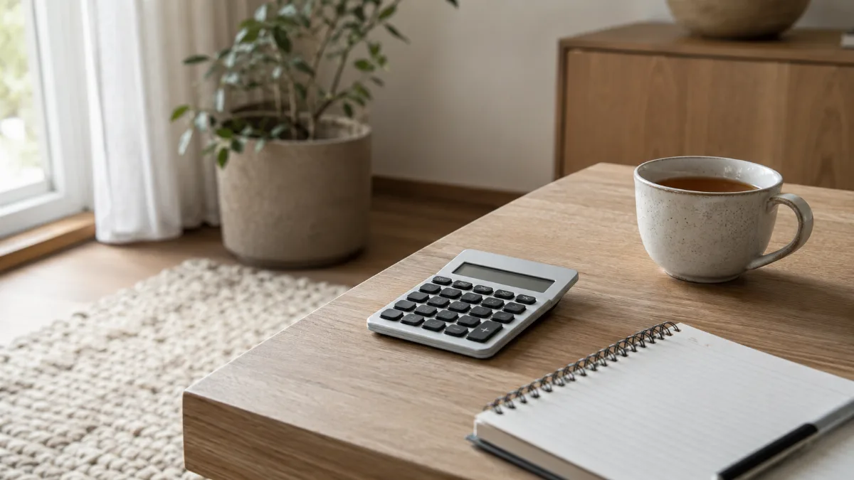 Tidy desk with a calculator, notebook and a cup of tea