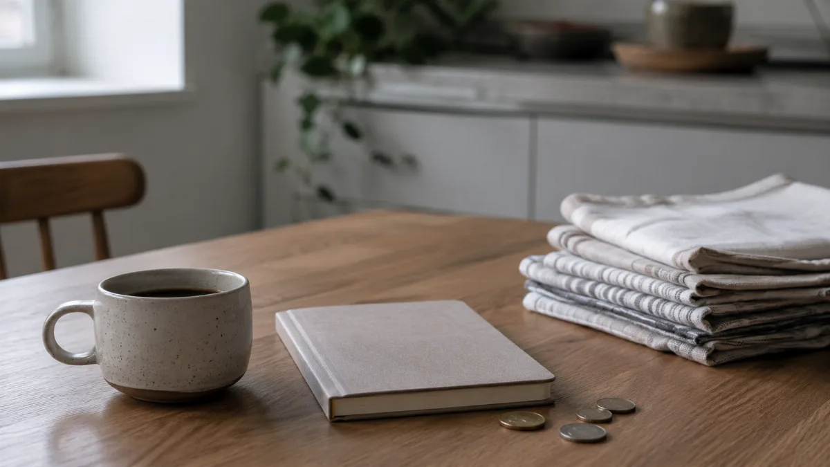 Kitchen table with a plain notebook, a few coins and a cup of coffee