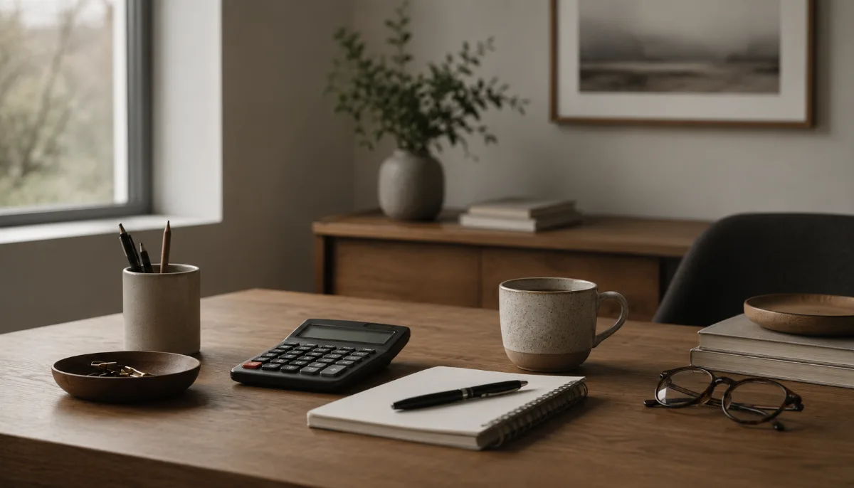Tidy desk with a calculator, notebook and a cup of tea