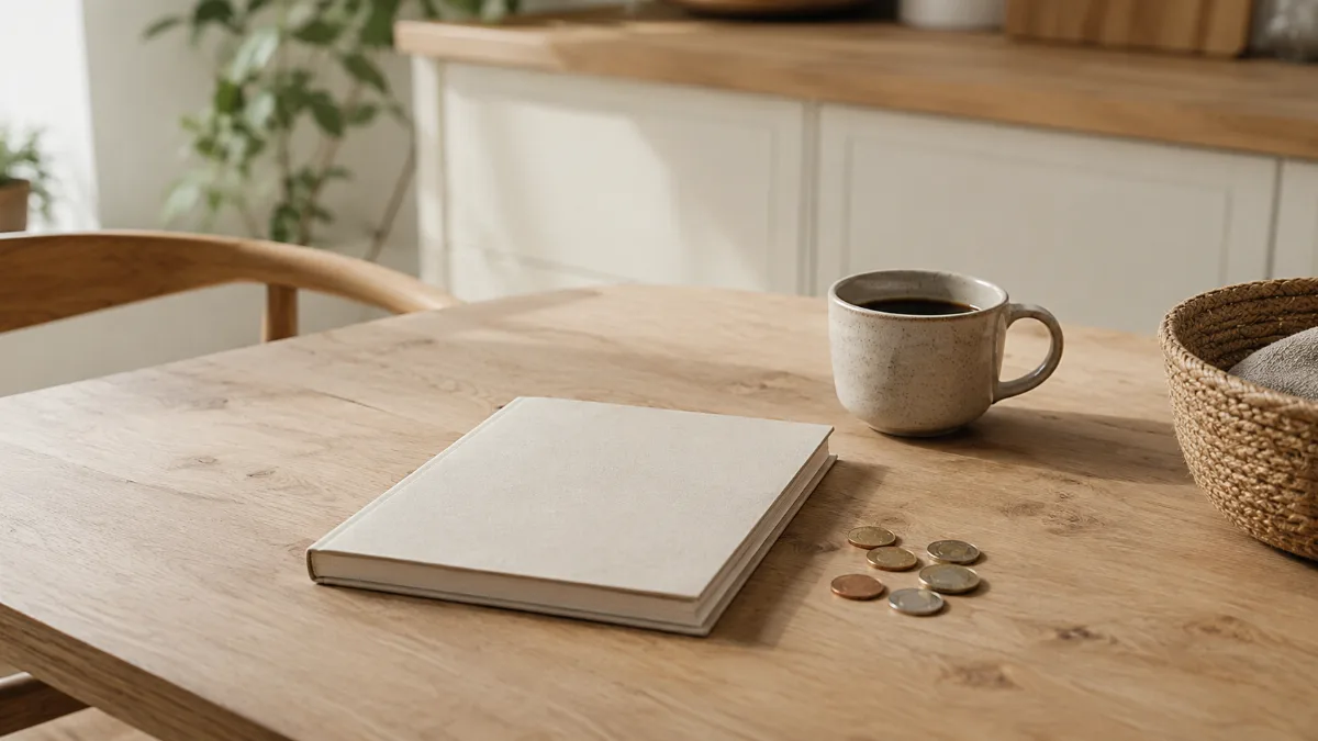 Kitchen table with a plain notebook, coins and a coffee cup
