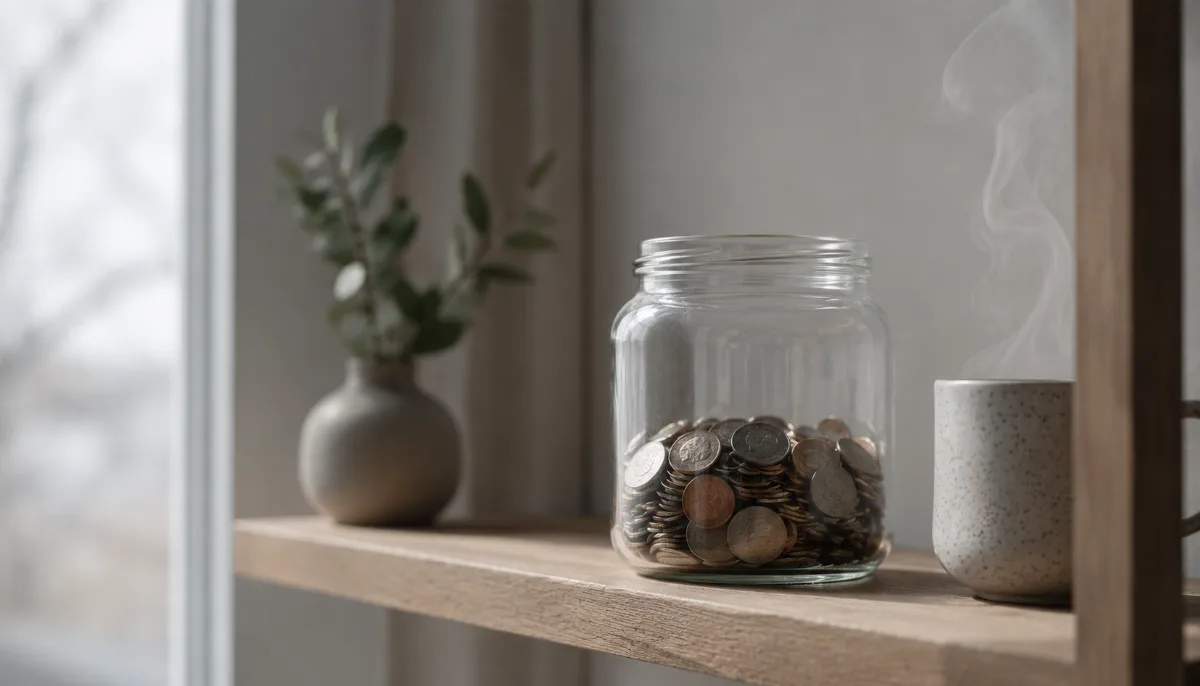 Glass jar of saved coins on a wooden shelf