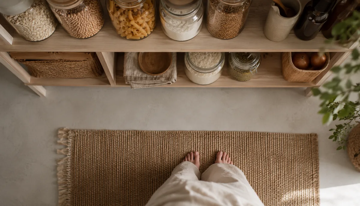 Minimalist pantry shelf with glass jars of staples