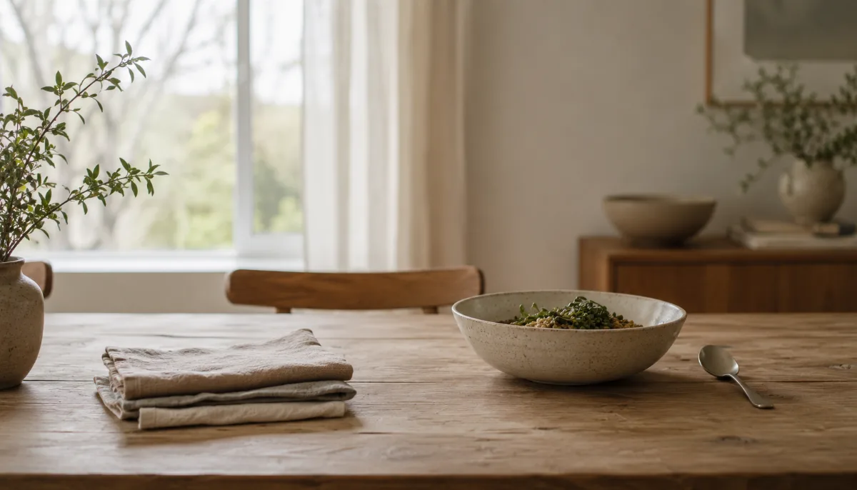 Minimalist table set with a single wholesome bowl