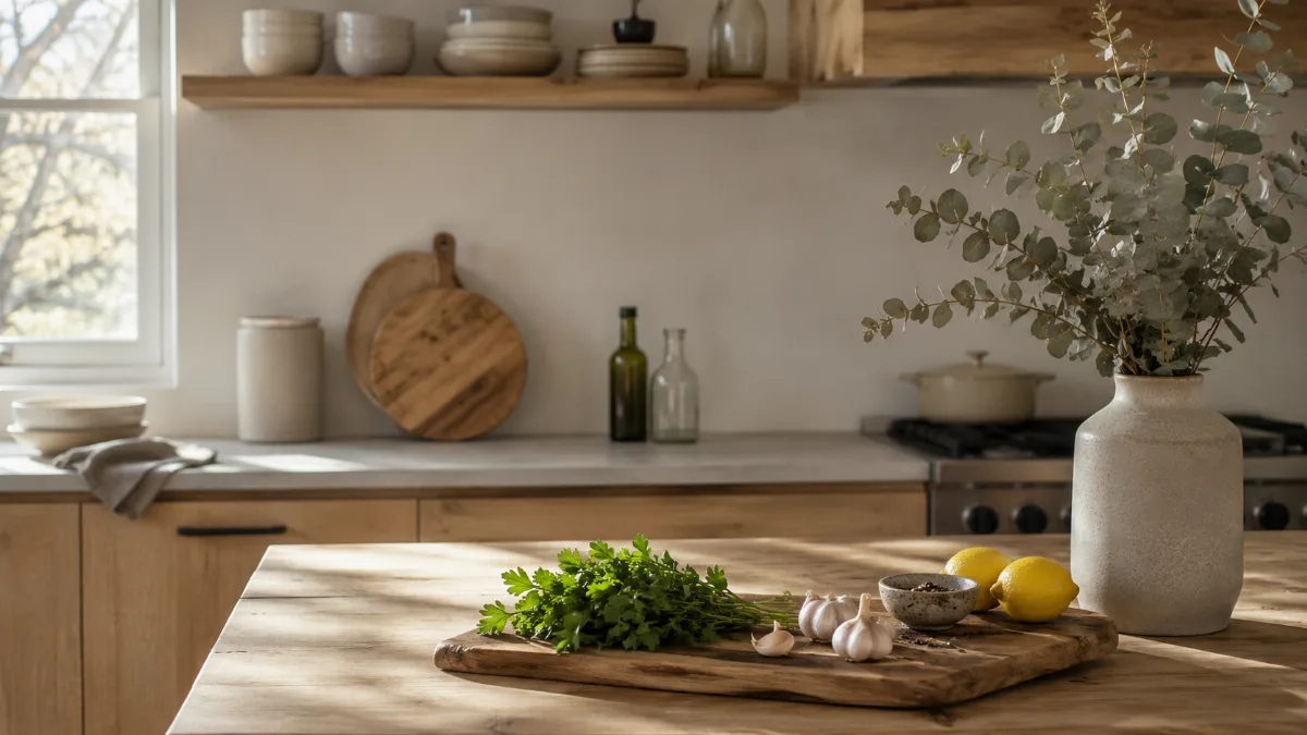 Calm kitchen counter with fresh simple ingredients on a wooden board