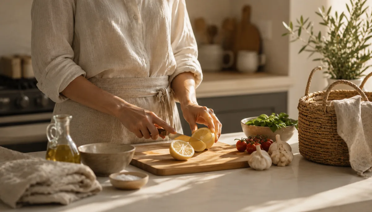 Calm kitchen counter with fresh simple ingredients on a wooden board