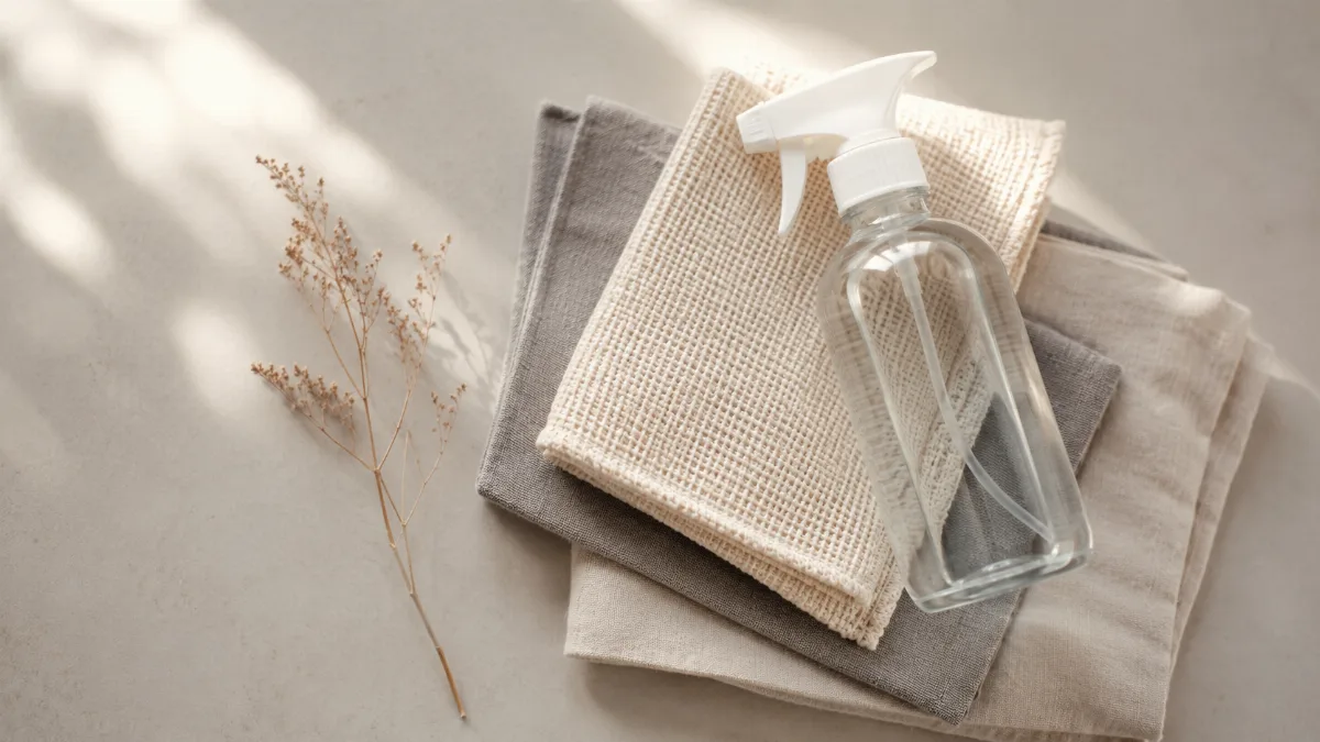Neatly arranged cleaning cloths and a refillable spray bottle on a clean surface