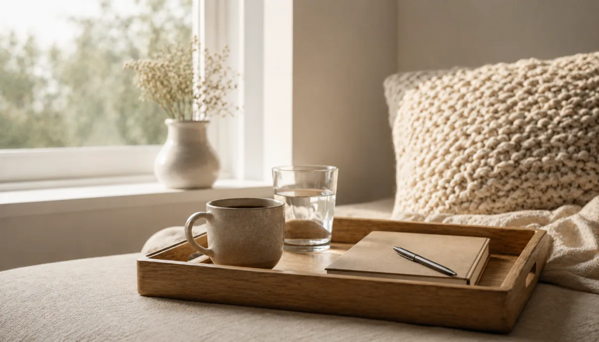 Simple morning tray with coffee, water and a small journal