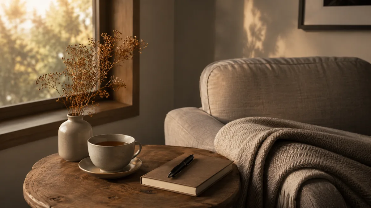 Calm evening corner with tea and a folded blanket