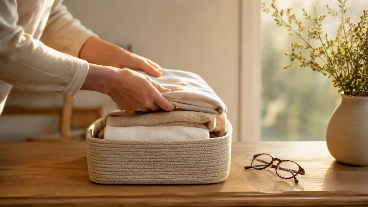 Hands folding items into a small storage basket
