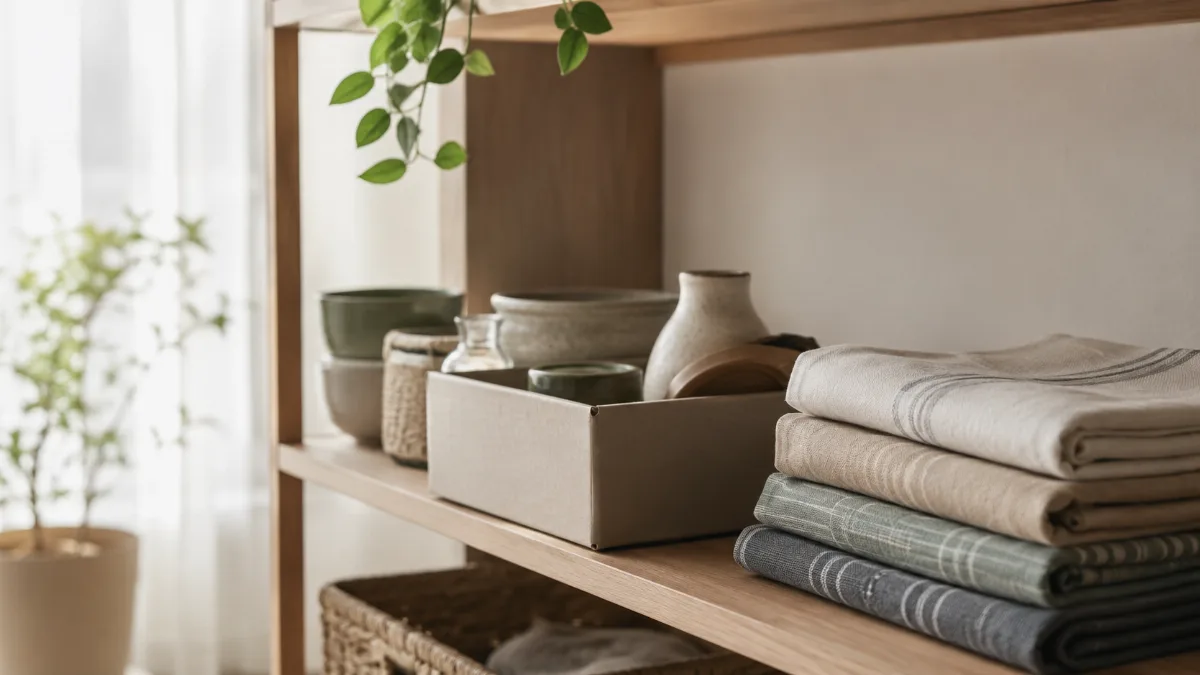 Tidy shelf mid-organization with a few items set aside in a box