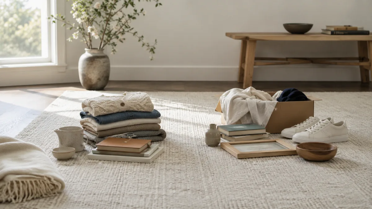 Items grouped into keep and let-go piles on a clean rug