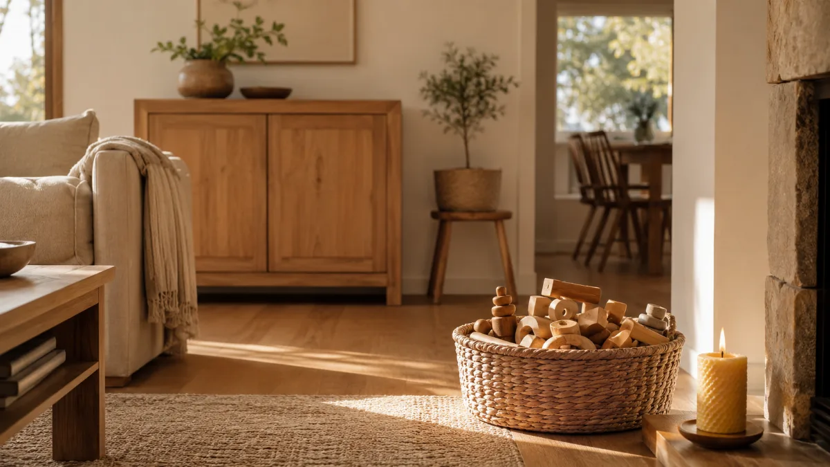 Tidy family room with a basket of wooden toys
