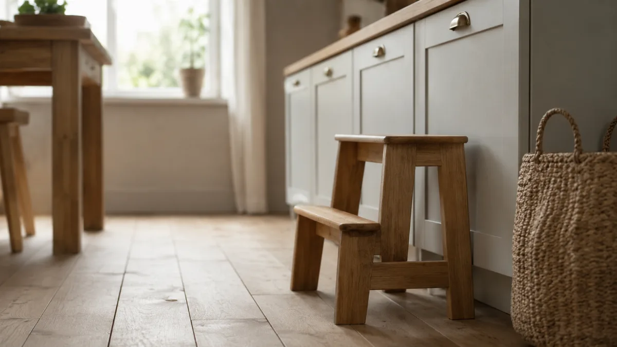 Calm family kitchen corner with a small step stool