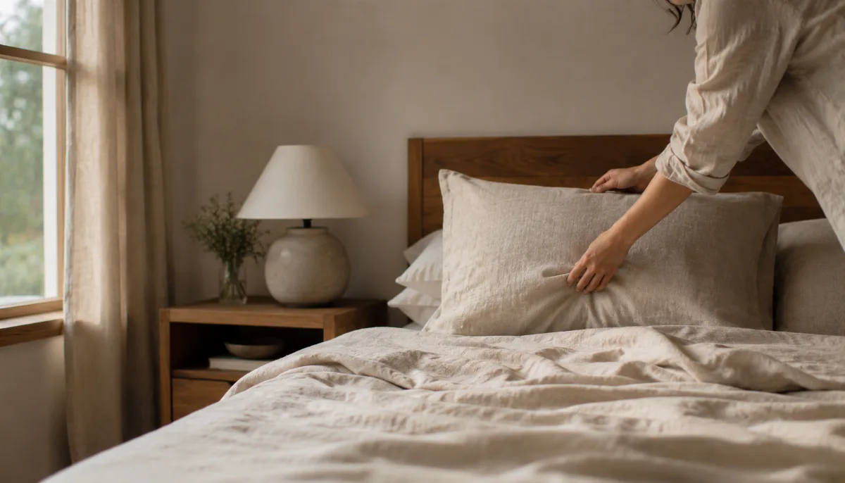 Calm minimalist bedroom with linen bedding and a single bedside lamp