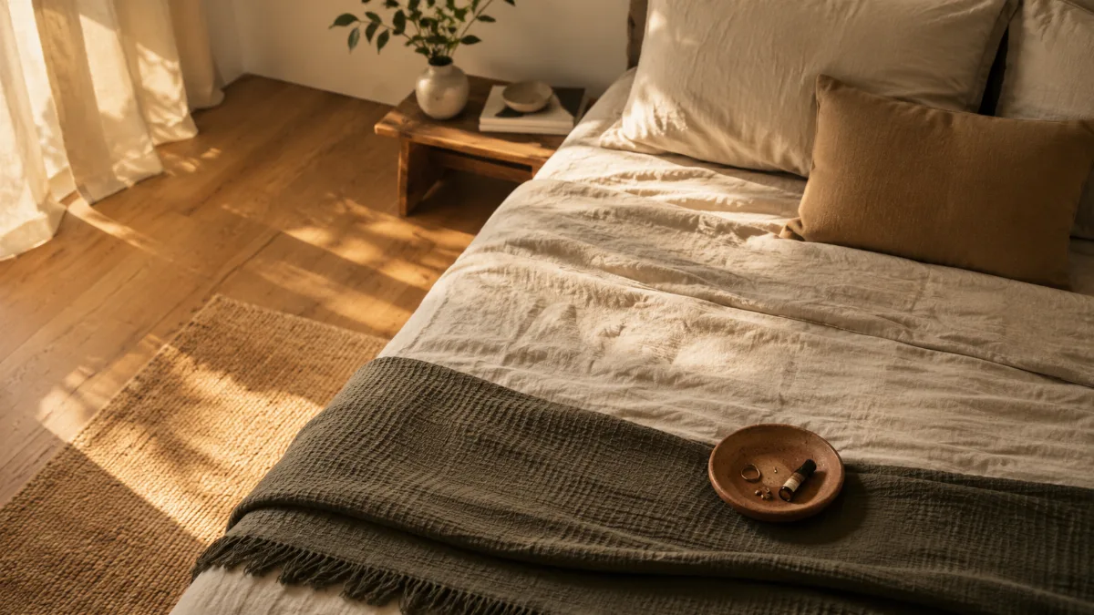 Serene bedroom corner with a soft throw folded at the foot of the bed