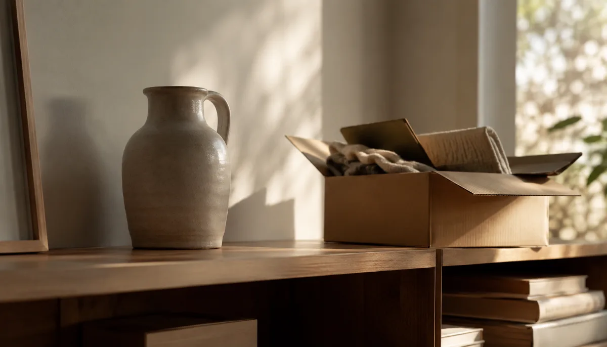 Tidy shelf mid-organization with a few items set aside in a box