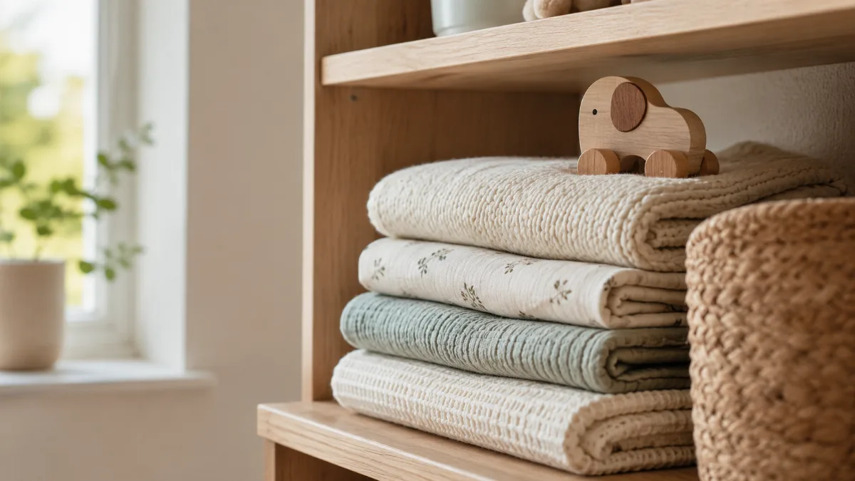 Simple nursery shelf with folded blankets and a small toy