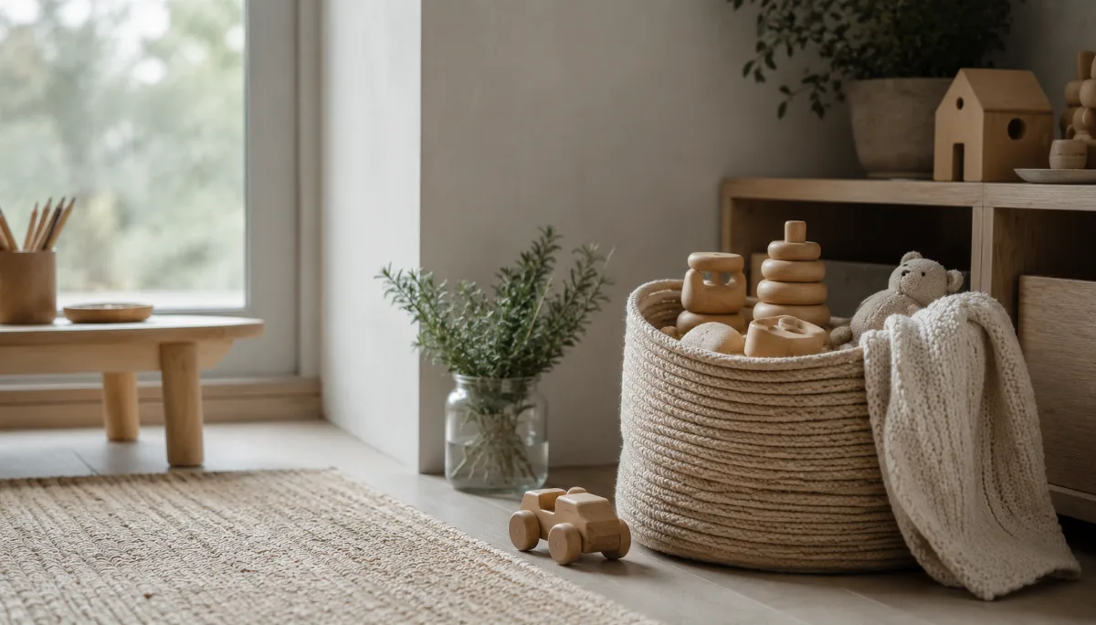 Tidy children's play corner with a few wooden toys in a soft basket