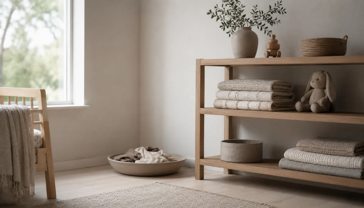 Simple nursery shelf with folded blankets and a small toy
