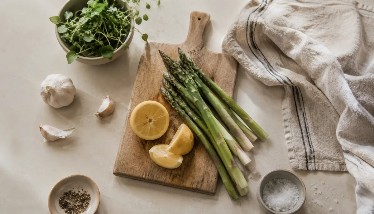 Simple kitchen counter with fresh ingredients and a wooden board