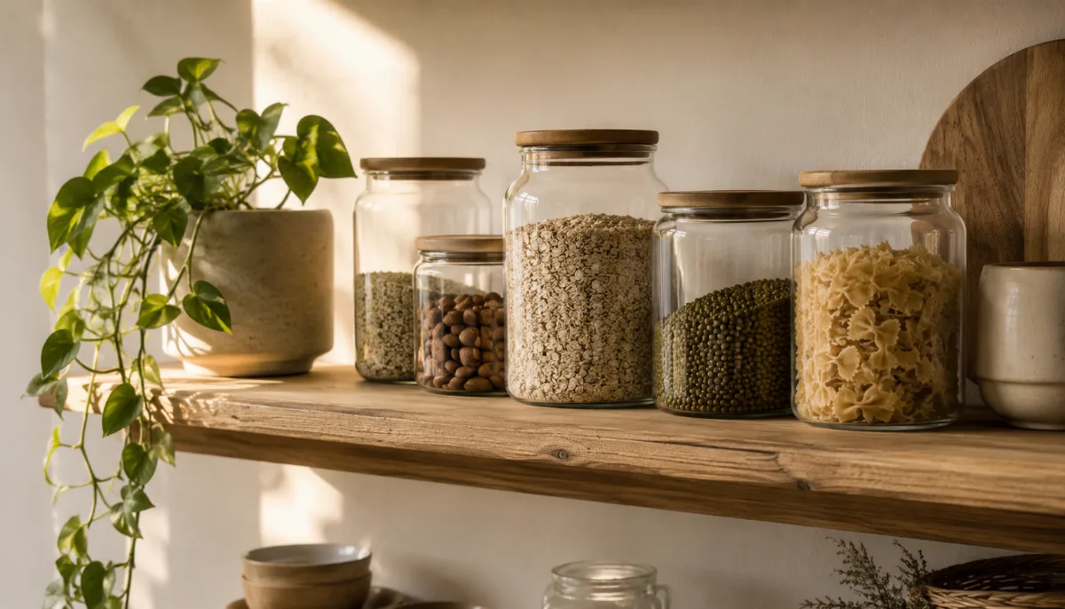 Glass jars of pantry staples on an open shelf