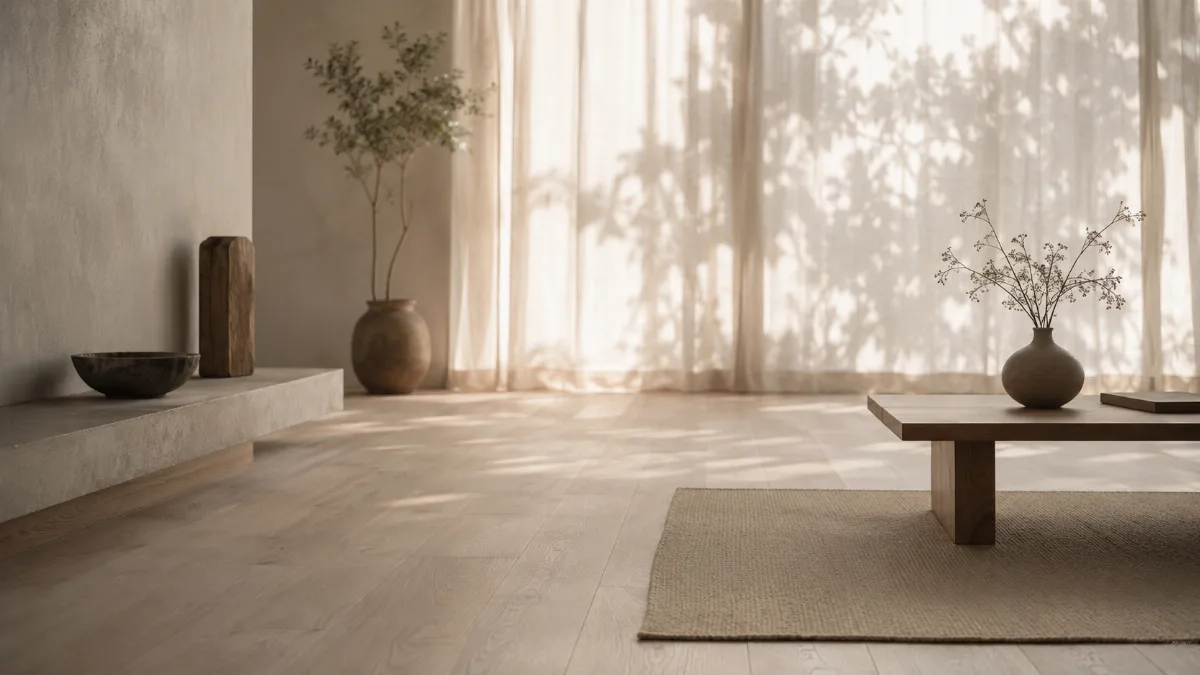 Calm minimalist interior with natural light and a few simple objects