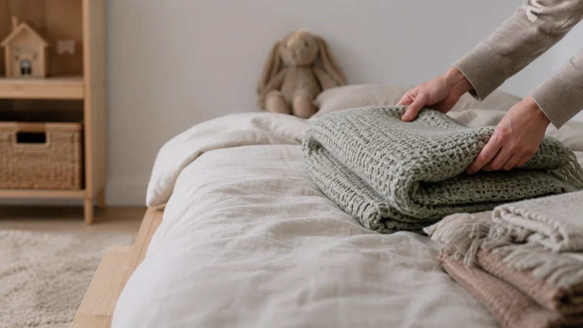 Simple child's room with folded blankets and a soft toy