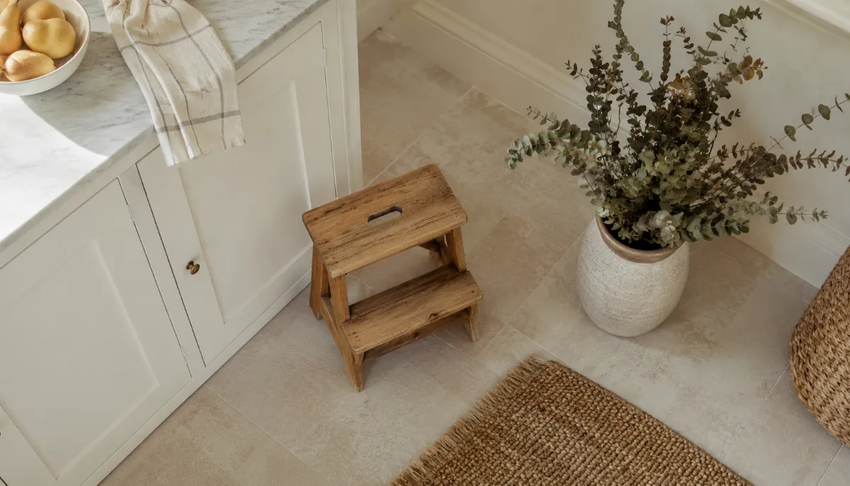 Calm family kitchen corner with a small step stool