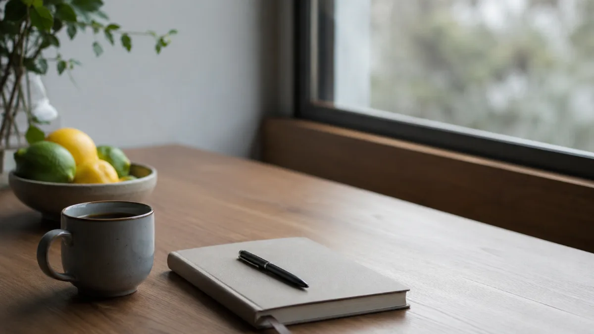 Clean wooden desk by a window with a notebook, pen and a cup of coffee