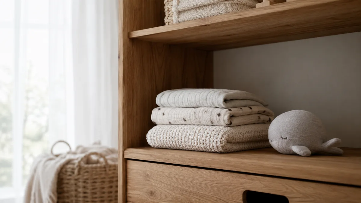 Simple nursery shelf with folded blankets and a small toy