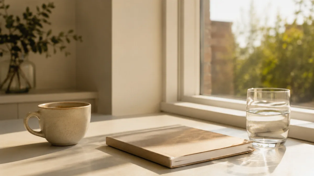 Bright morning scene with coffee and a notebook by a window