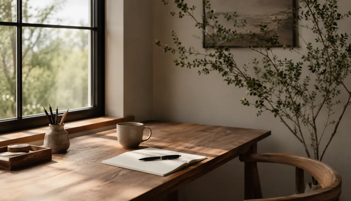 Clean wooden desk by a window with a notebook, pen and a cup of coffee