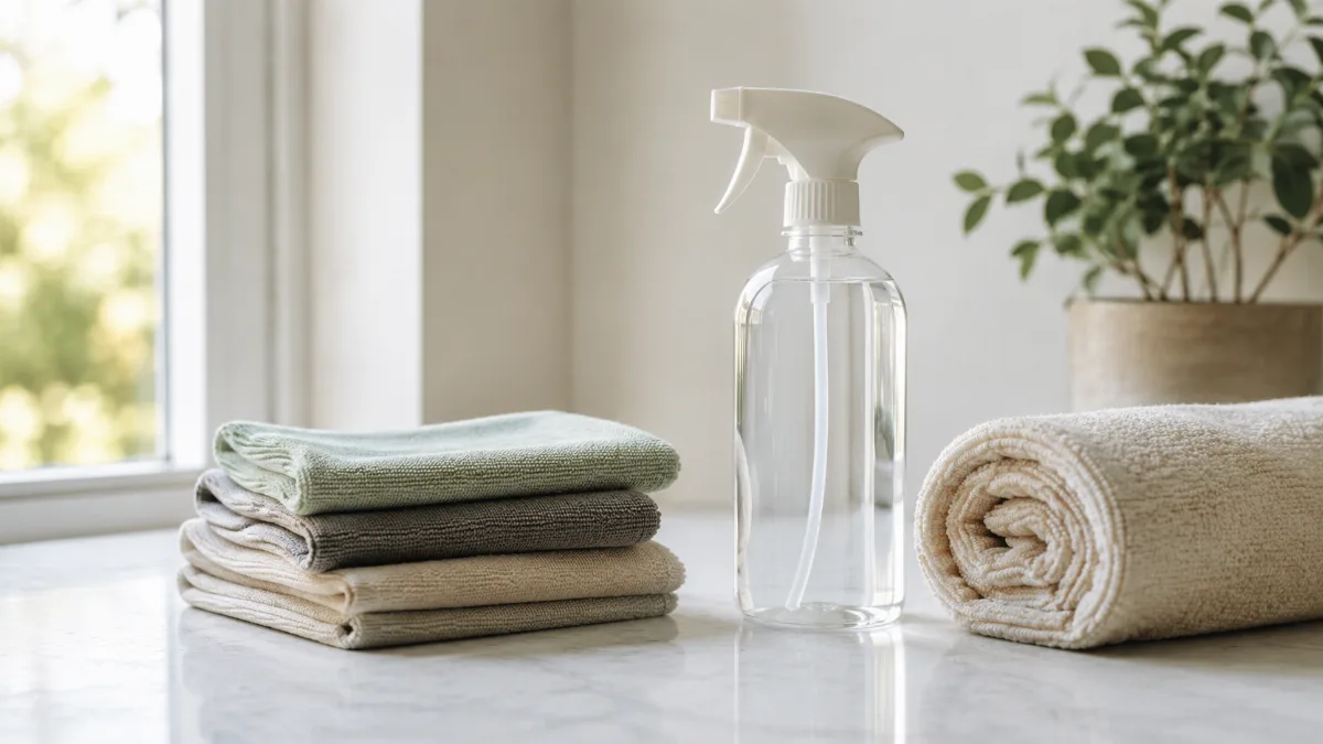 Neatly arranged cleaning cloths and a refillable spray bottle on a clean surface