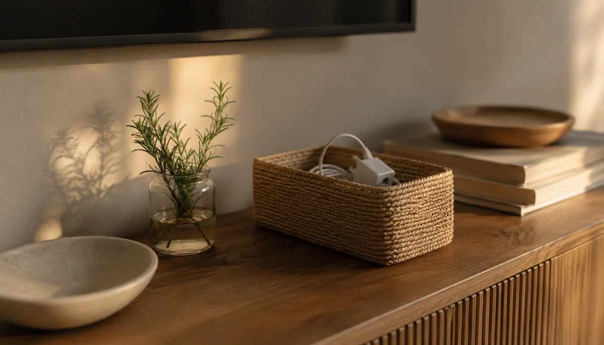 Tidy media console with charging cables tucked into a small woven basket
