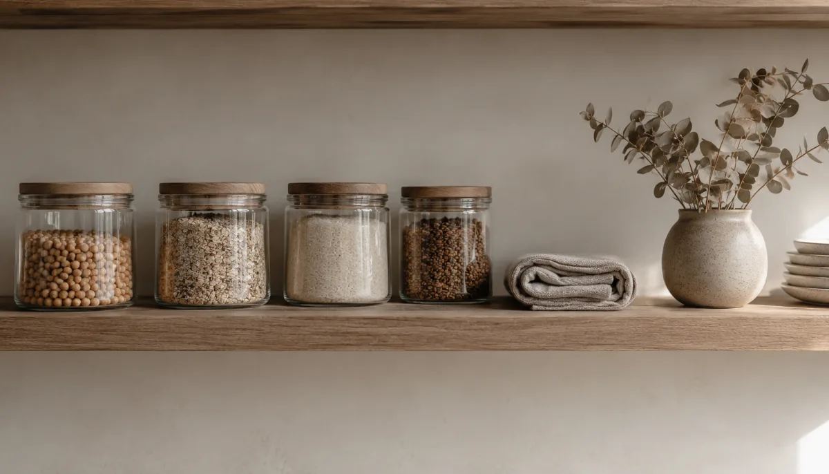Minimalist pantry shelf with glass jars of staples