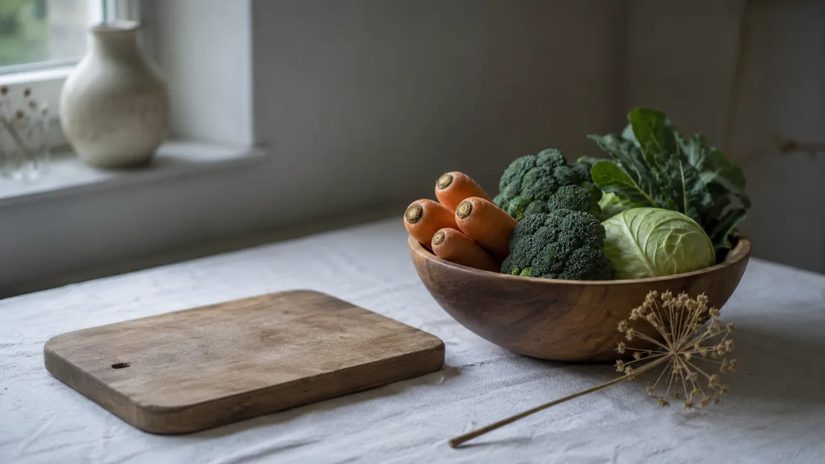 Wooden bowl of vegetables beside a chopping board