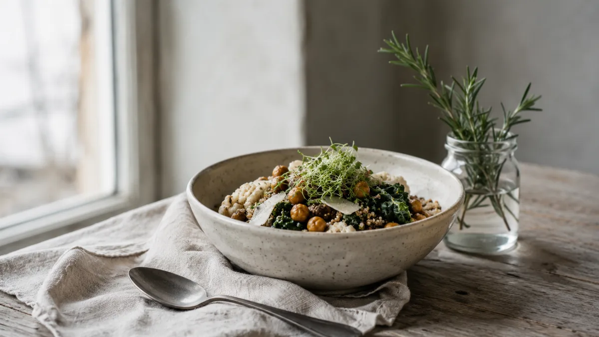Minimalist table set with a single wholesome bowl