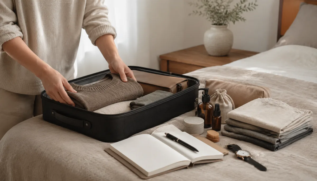 Minimalist packing layout of clothes and toiletries on a bed