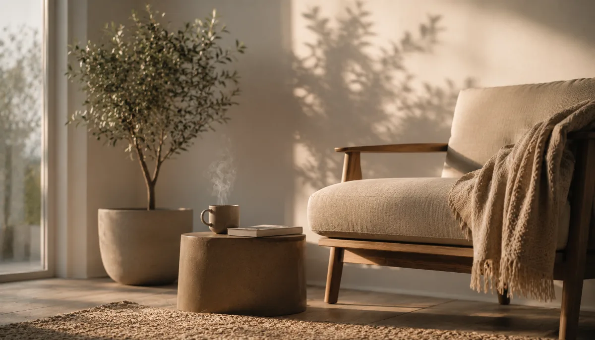 Minimalist seating corner with a single plant and a throw