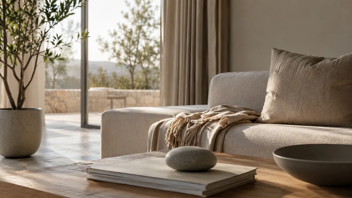 Serene living room with a neutral sofa and soft daylight