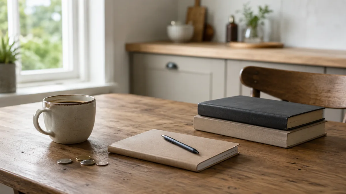 Kitchen table with a plain notebook, a few coins and a cup of coffee