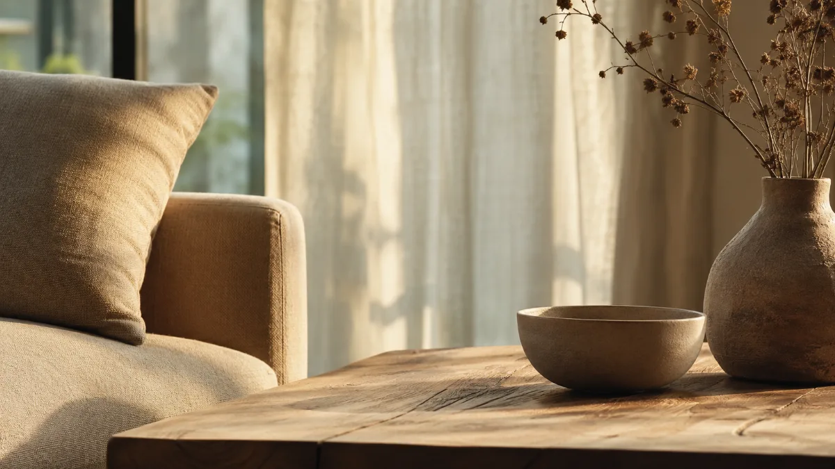 Calm, uncluttered living space with simple low furniture